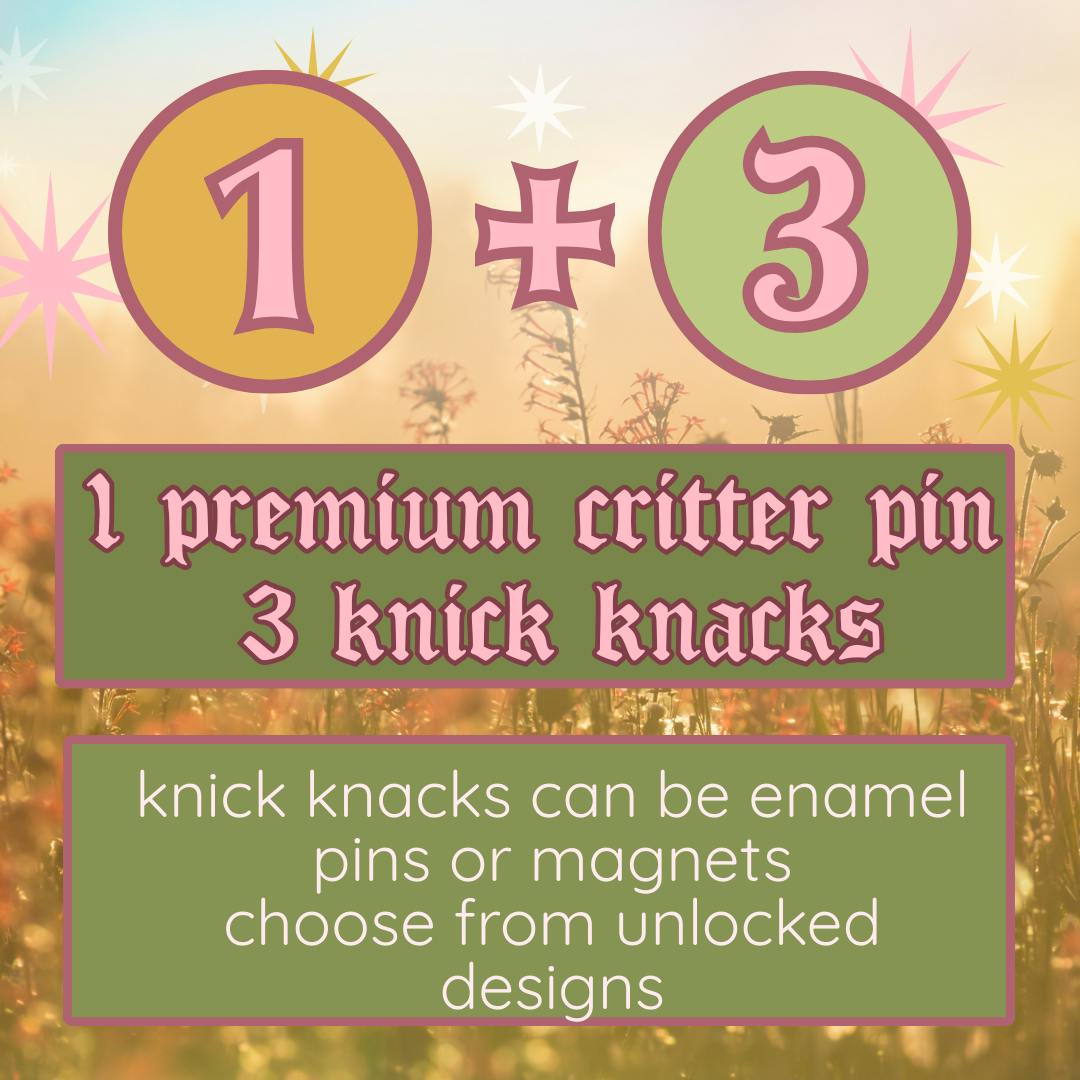 1 Premium Critter Pin + 3 Knick knacks