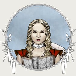 Portrait of Darius. Blonde ringlets, pale skin, dressed in red and holding a map