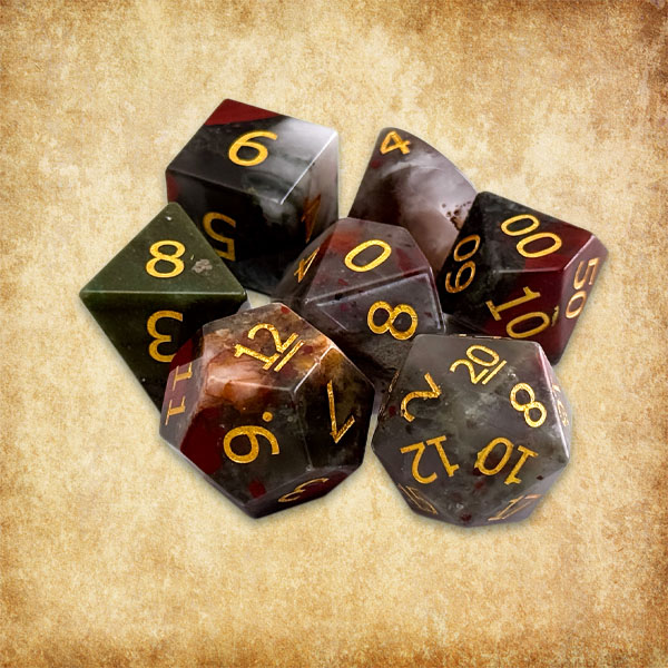 Blood Rock dice: gemstone dice, bloodstone, traditional 7