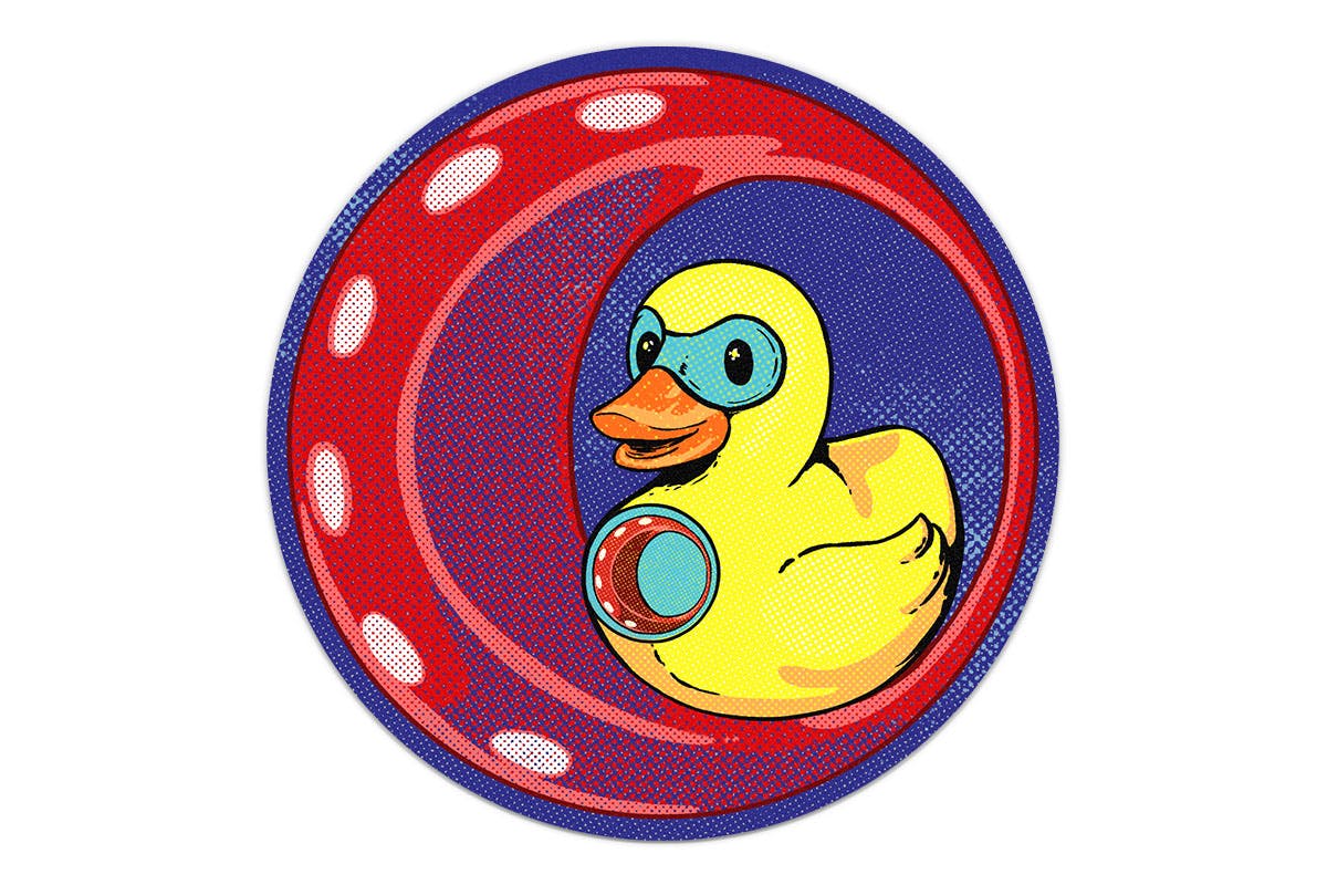 A mockup of a sticker depicting a cartoonish rubber duckie superhero within the Cypher logo bug.