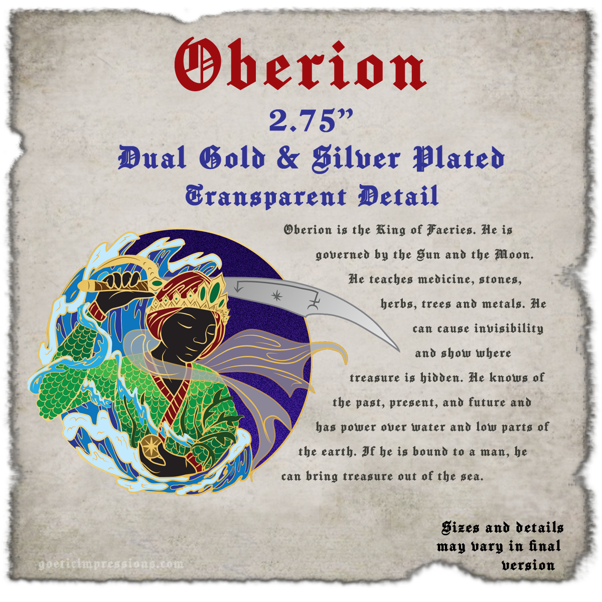 Enamel pin of Oberion based on the faerie in the occult grimoire Book of Oberon 