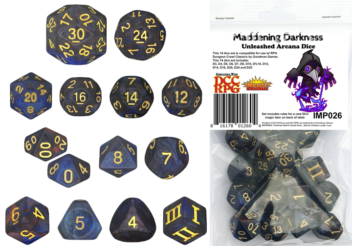 Maddening Darkness DCC 14 dice set plus DCC/5E magic item PDF for Gloomntia Darts