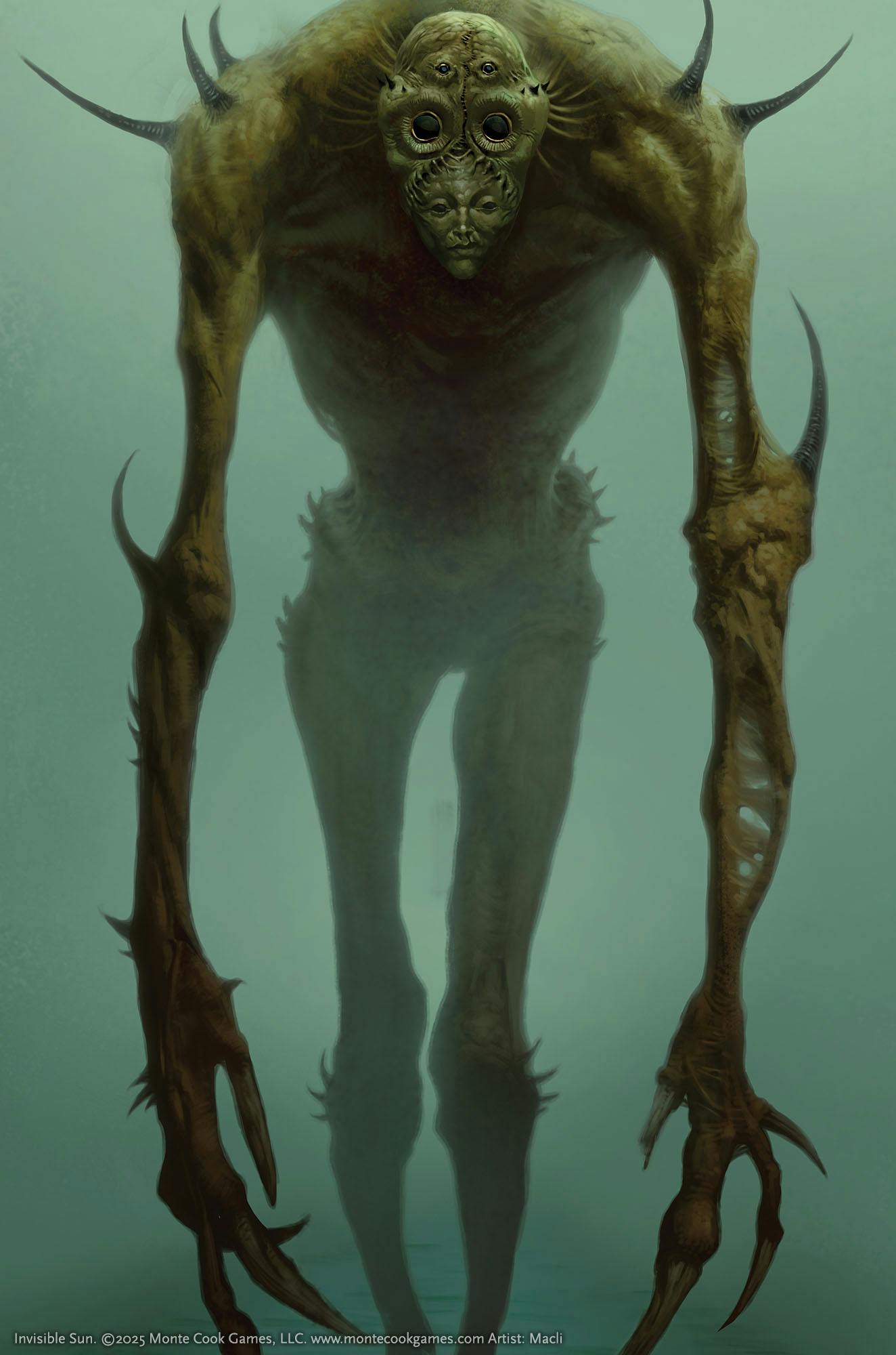 An illustration of a surreal creature with exceedingly long arms and legs and a strange face.