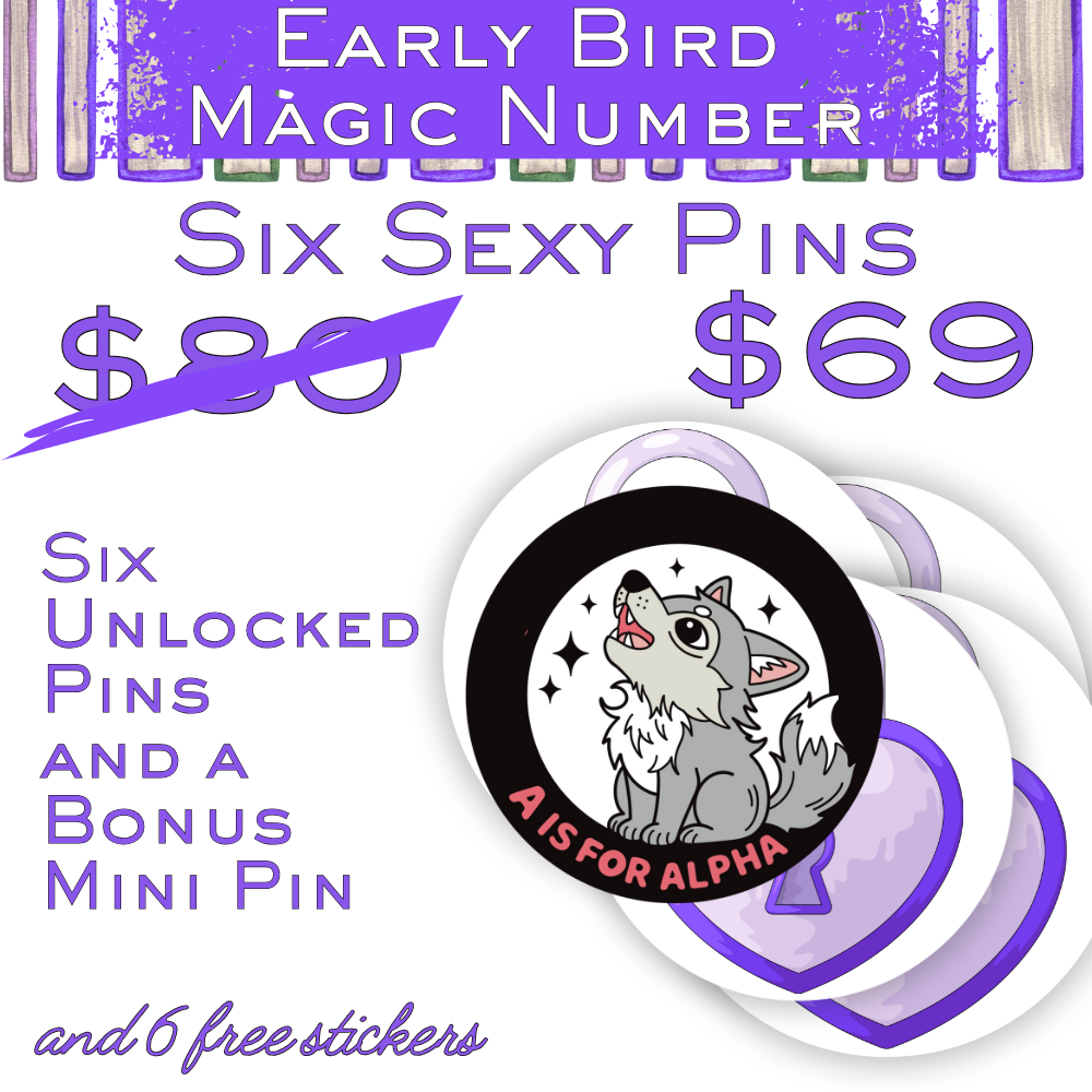 text graphic six pins from the unlocked designs and six free stickers