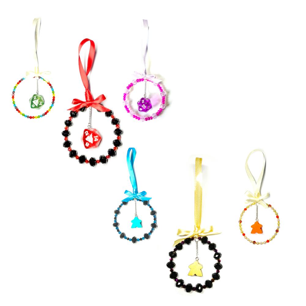  Christmas decorations, dice or meeple in a ring of beads, with a ribbon to hang it up