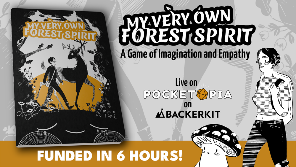 A promotional banner for the game My Very Own Forest Spirit showcasing an image of the pocket-sized journal book, and an illustration featuring a young woman walking with a cute anthropomorphic mushroom