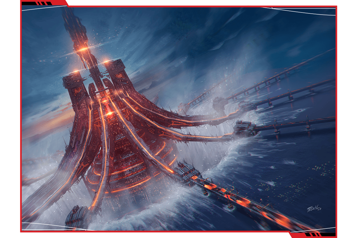 A colorful scene showing a space elevator rising up out of the ocean.