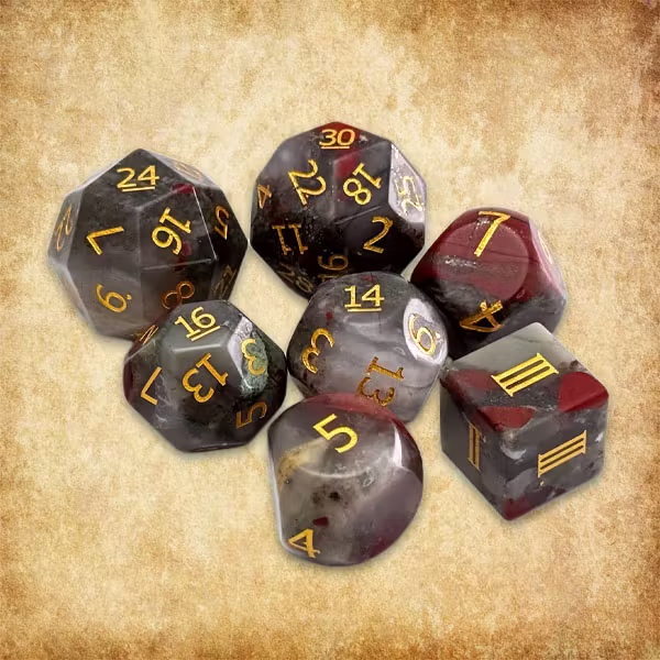 Blood Rock dice: gemstone dice, bloodstone, funky 7