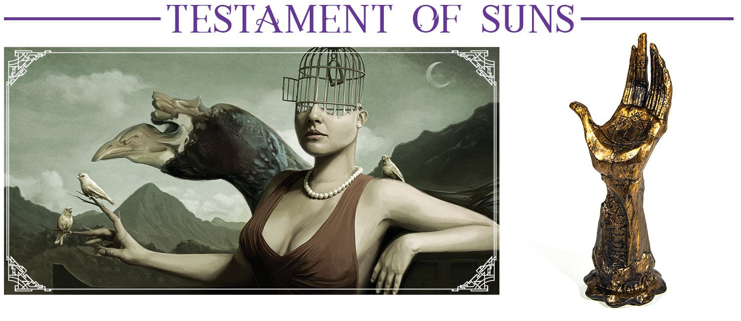Header: Testament of Suns. Plus an image of the Testament of Suns—a resin hand sculpture designed to hold Sooth cards. Also an image of a Vislae with a birdcage for a head, next to some kind of buzzard and other birds.