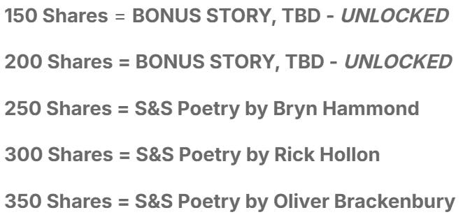  150 Shares = BONUS STORY, TBD - UNLOCKED  200 Shares = BONUS STORY, TBD - UNLOCKED  250 Shares = S&S Poetry by Bryn Hammond  300 Shares = S&S Poetry by Rick Hollon  350 Shares = S&S Poetry by Oliver Brackenbury