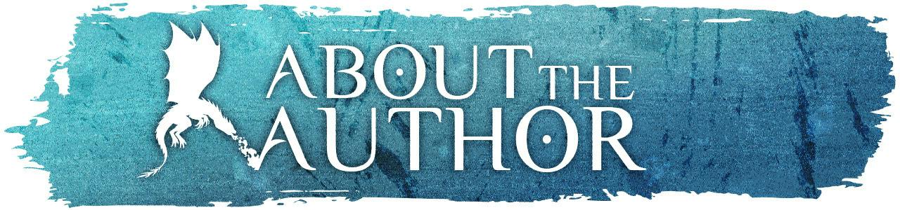 A brushstroke in blue-washed gradient, bearing a white silhouetted dragon and the title "About the Author"