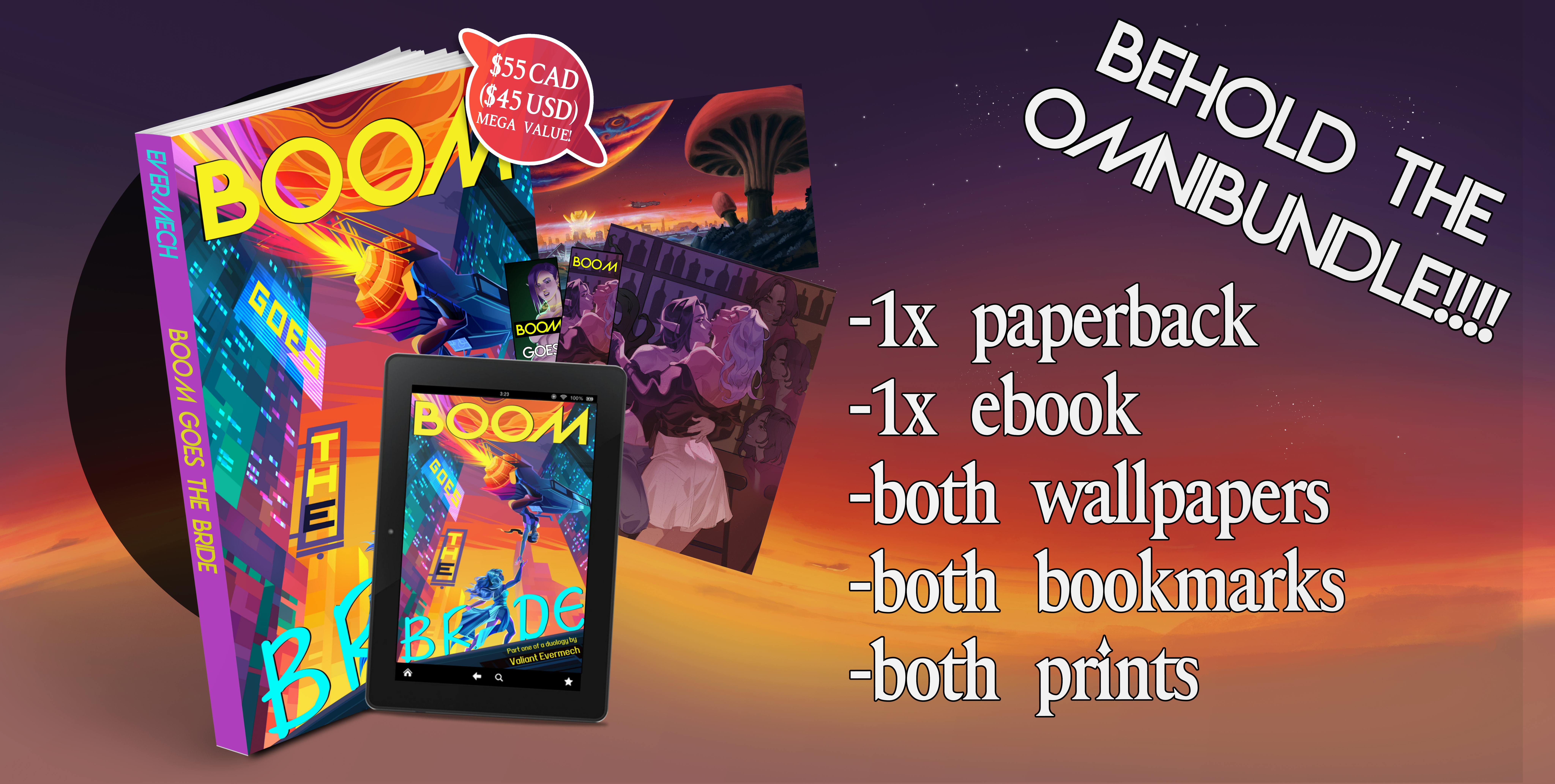 A mockup of the book in ebook and paperback form. Kvacm's cityscape and Ahoguru's kiss poster at to the side. A sticker reads $55 CAD/$45 USD. MEGA VALUE! Text on the right reads 1x paperback book, 1x ebook, both bookmarks, both prints, both wallpapers.