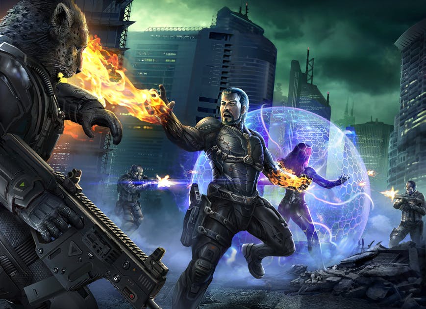 Illustration of a man wearing an armored suit throwing fire with his hand at a leopard-man hybrid in armor. Behind him, a woman is generating a force field that deflects bullets fired at her.