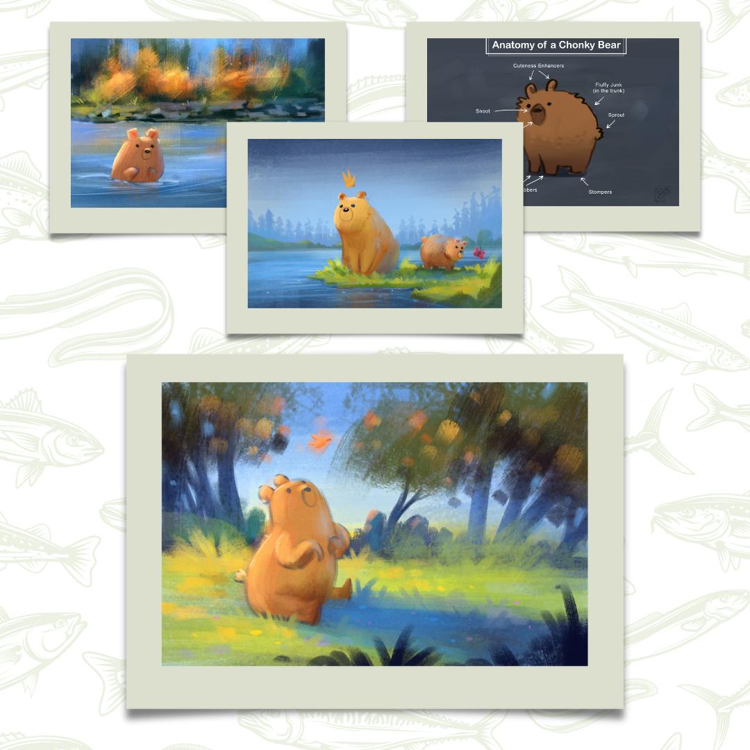 Mockup of a second set of four postcards with digital illustrations of the Katmai bears and anatomy of a chonky bear