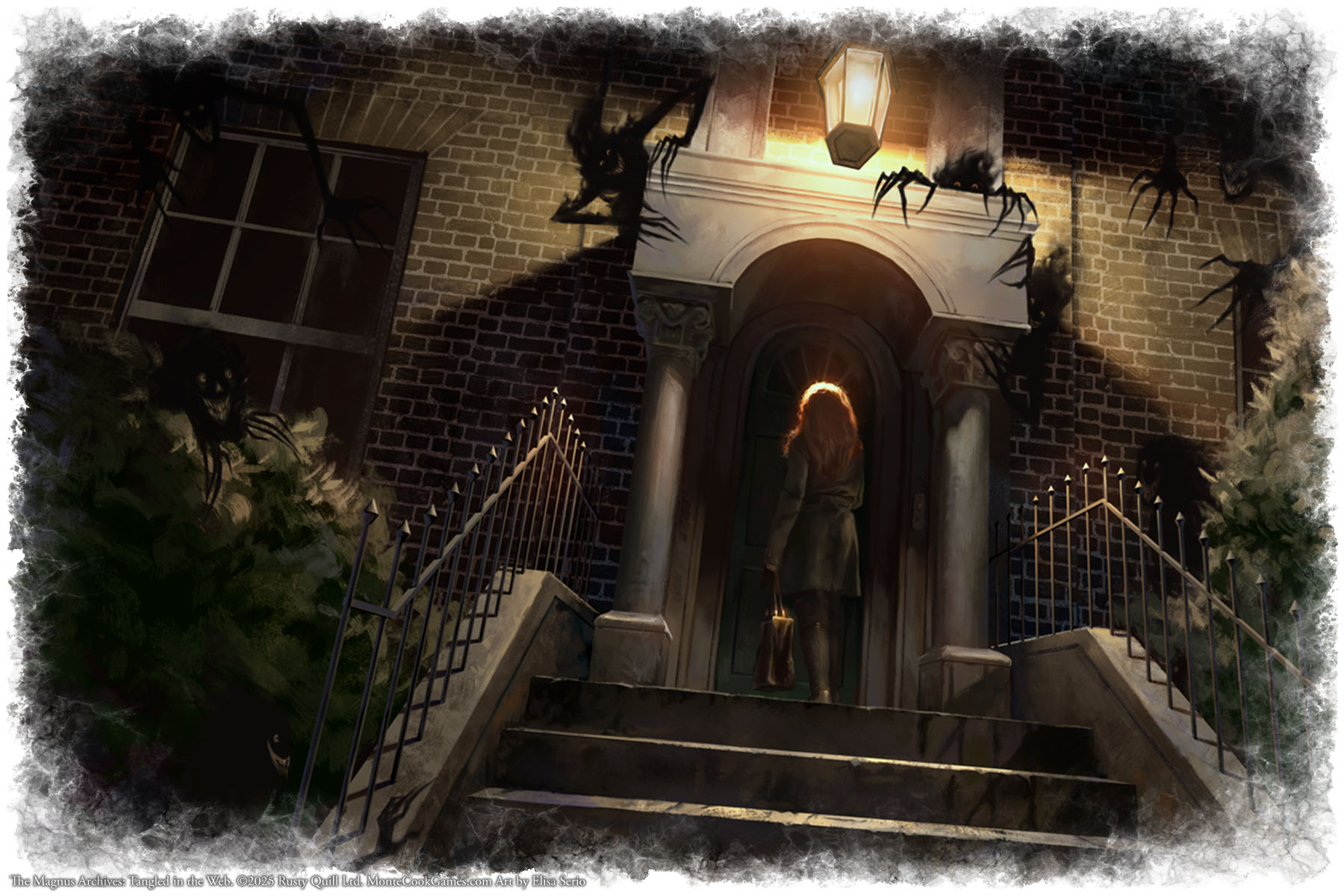 Image showing a woman approaching the door of a building at night, while sinister dark shapes emerge from the shadows all around her.