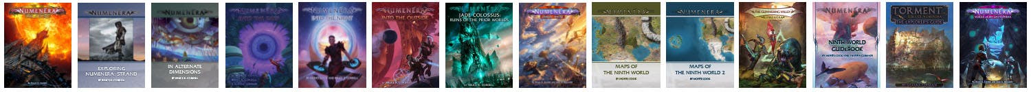 An image showing all of the covers of the Numenera Ninth World Collection.