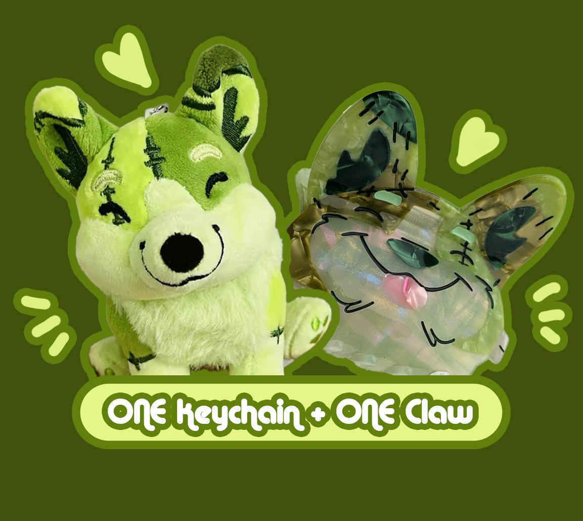 One (1) Buster Frankencorgi Keychain Plush & One (1) Hair Claw