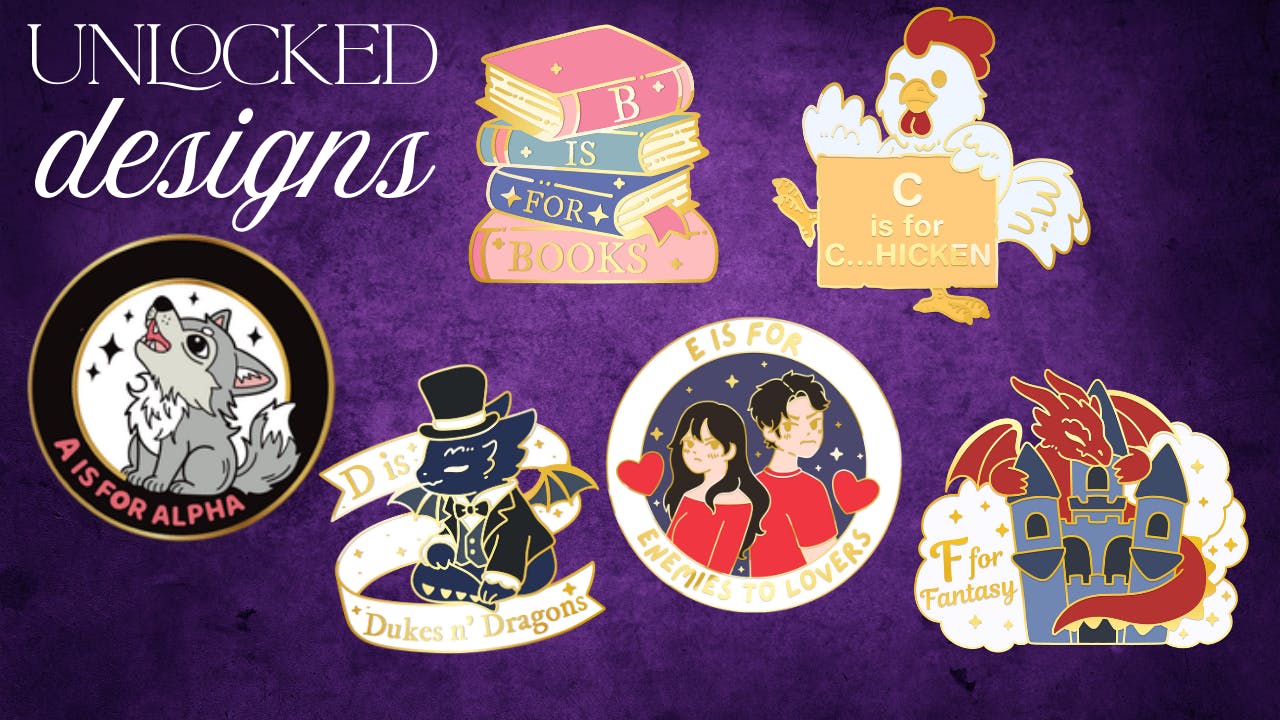 images of pins A B, C, D, E & F showing a howling wolf, stack of books, a dragon dressed in a top hat and vintage formal attire and a silly cartoon chicken winking, enemies to lovers a dragon wrapped around a castle