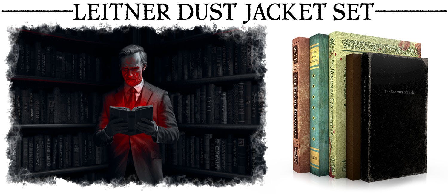 Subheader: Leitner Dust Jacket Set. A mockup of the dust jackets placed on books, next to art showing someone reading a book in a library room.