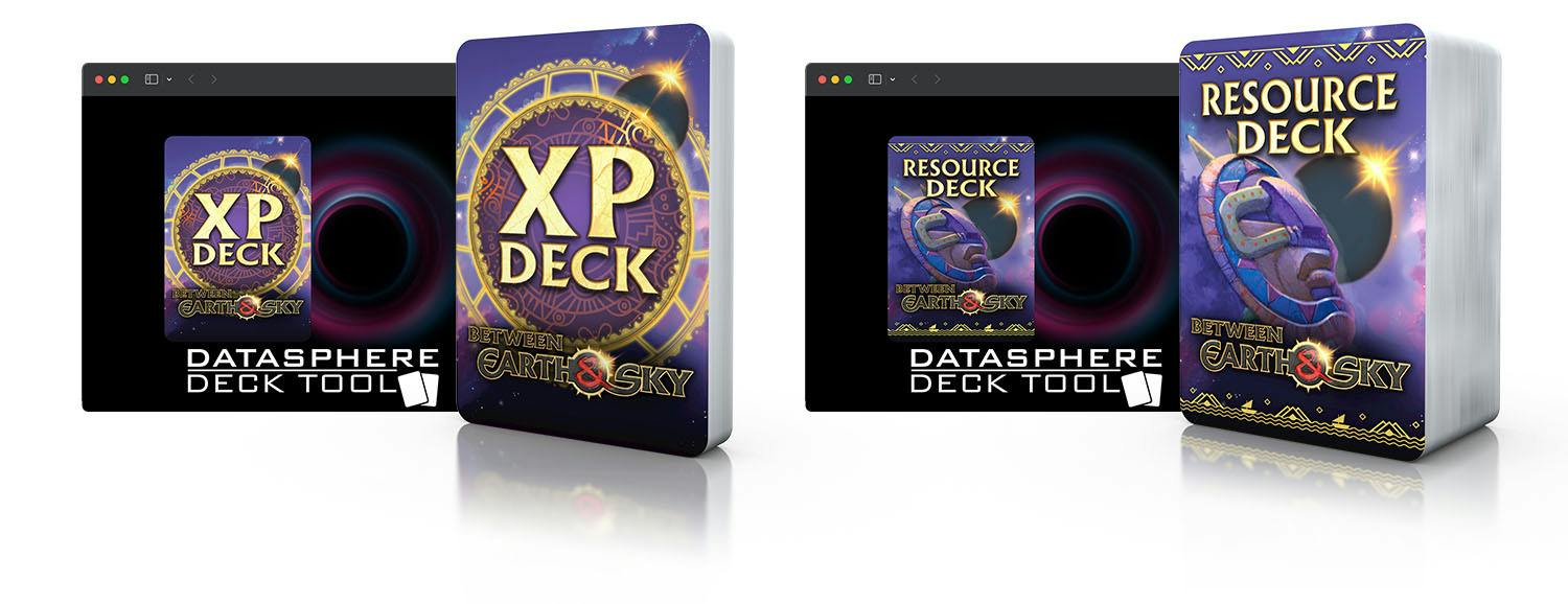 A mockup showing the XP Deck and Resource Deck in physical form, as well as in digital form on the Datasphere Deck Tool.