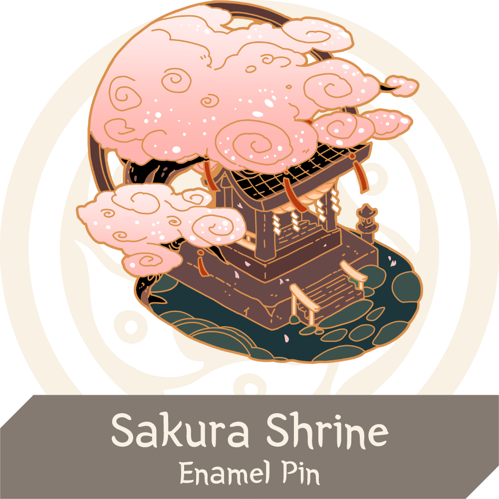 Preview of the Sakura Shrine pin. This pin depicts a small forest shrine under a blooming cherry blossom tree.