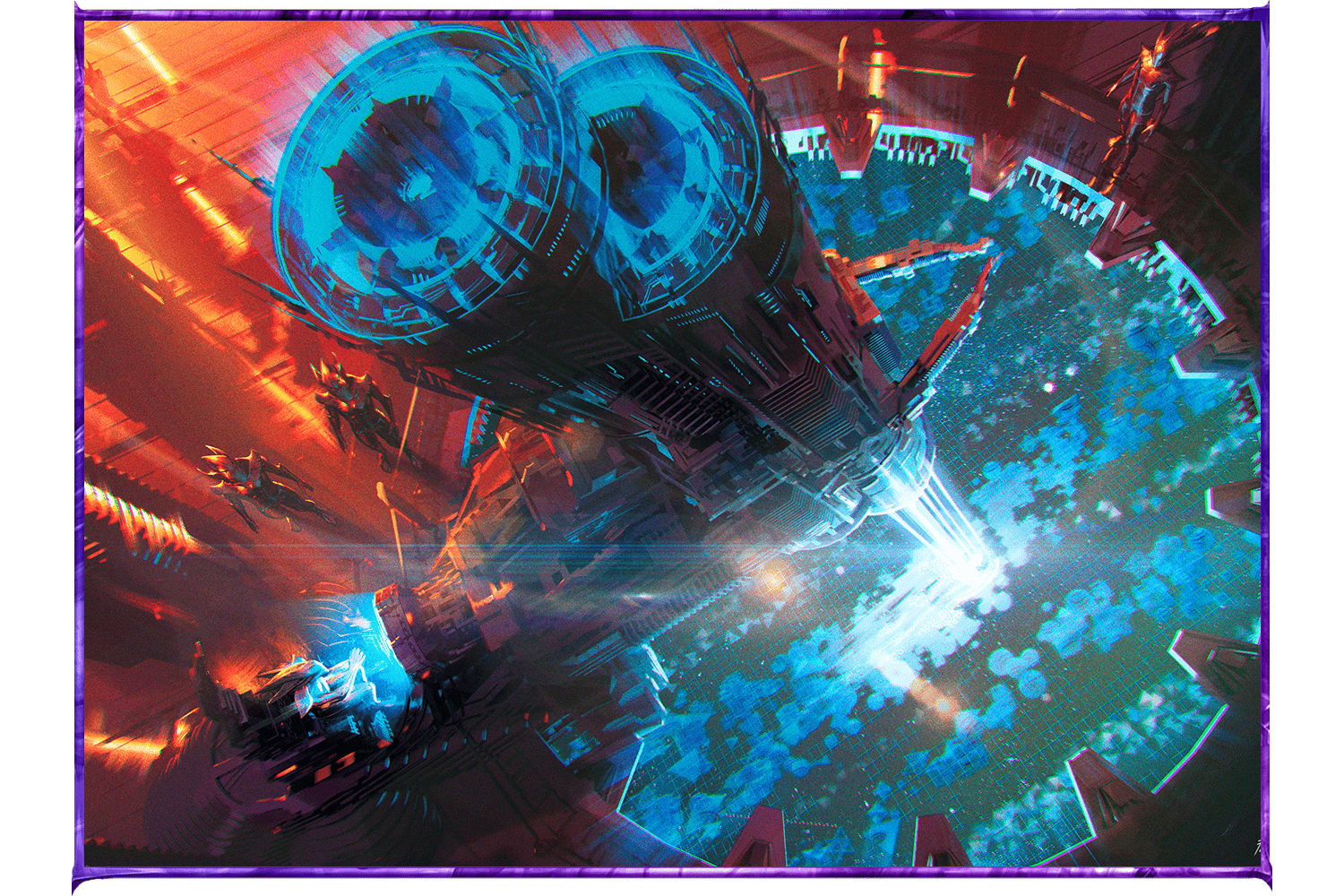 An illustration of some ancient, Ninth-World engine or machine that is affecting something through a portal.