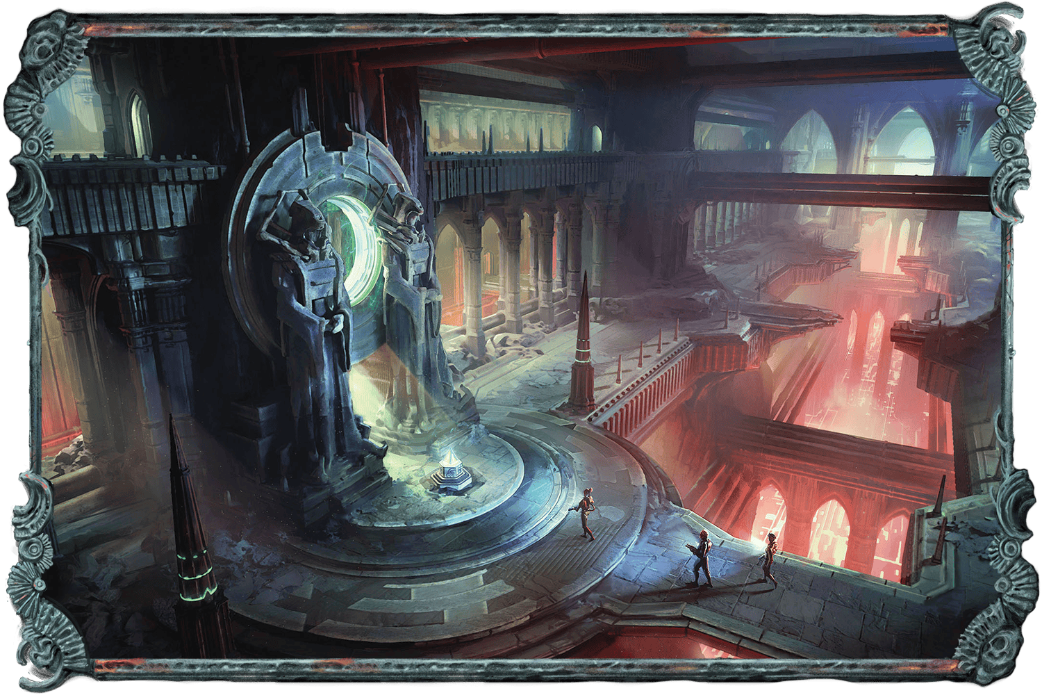 An illustration showing a ornate dungeon hall, with archways, columns, and multiple levels. A group of characters approaches a dias with a glowing center, flanked by huge statues.