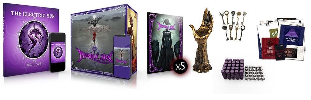 An image of The Electric Sun book in print and PDF, Invisible Sun Indigo in print and PDF, the Vislae's Companion x5, the Testament of Suns, the Wicked Keys Set, the Token Set, and the Prop Set.