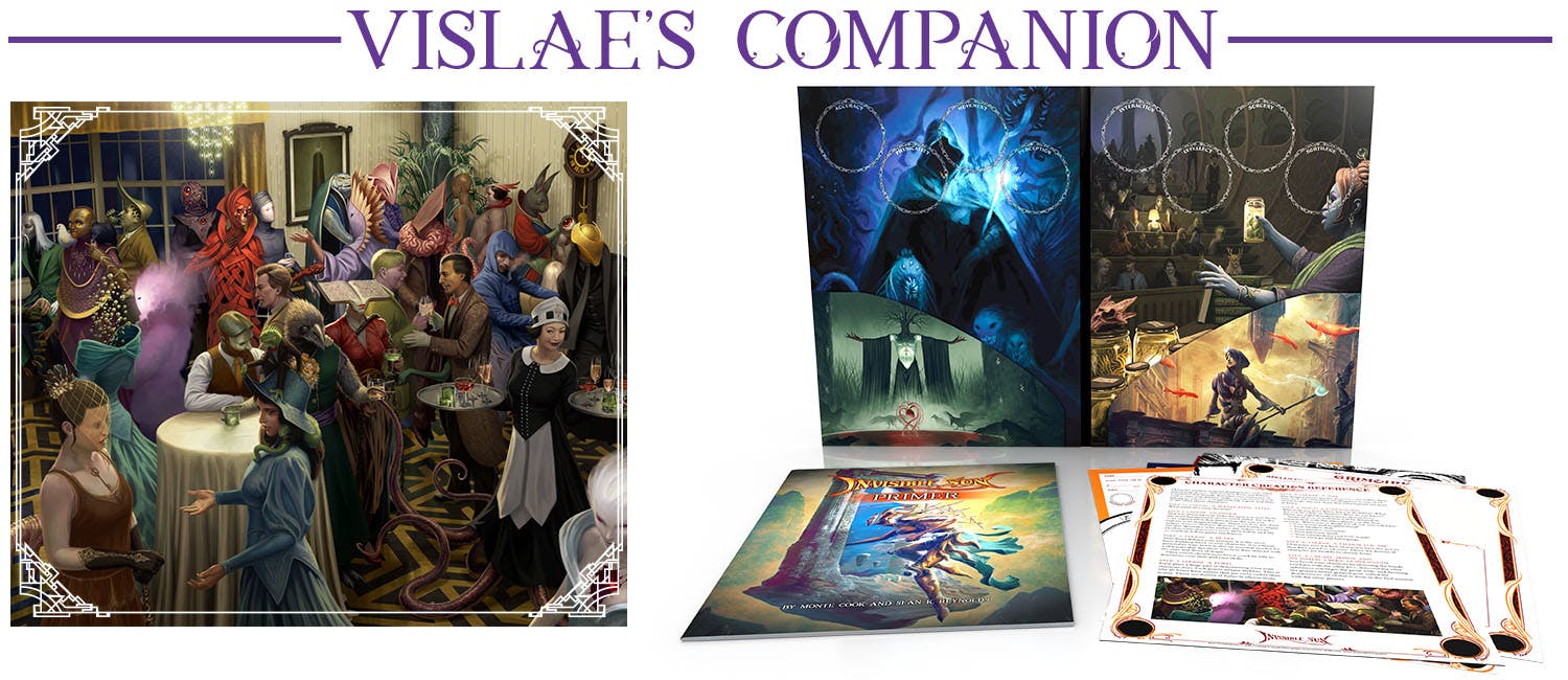 Header: Vislae's Companion Plus an image showing the product, open, with several examples of the contents, including a copy of the Invisible Sun Primer. Also an image of many Vislae at a party.
