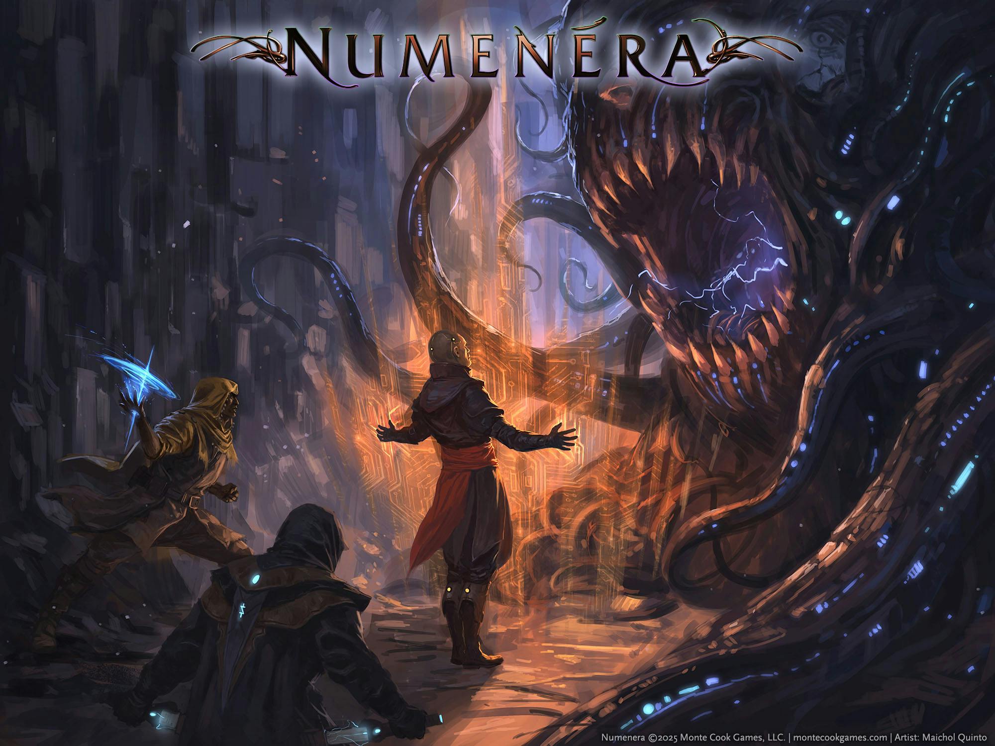 Art showing a fantasy character conjuring a mystic shield to protect their companions from a giant creature with teeth, tenticles, and glowing patches.