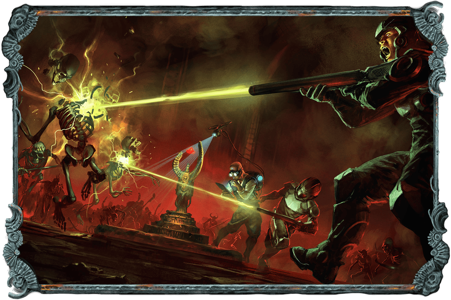 An illustration showing a group of scifi characters investigating a floating mysterious red jewel with a horde of skeletons attack the group.