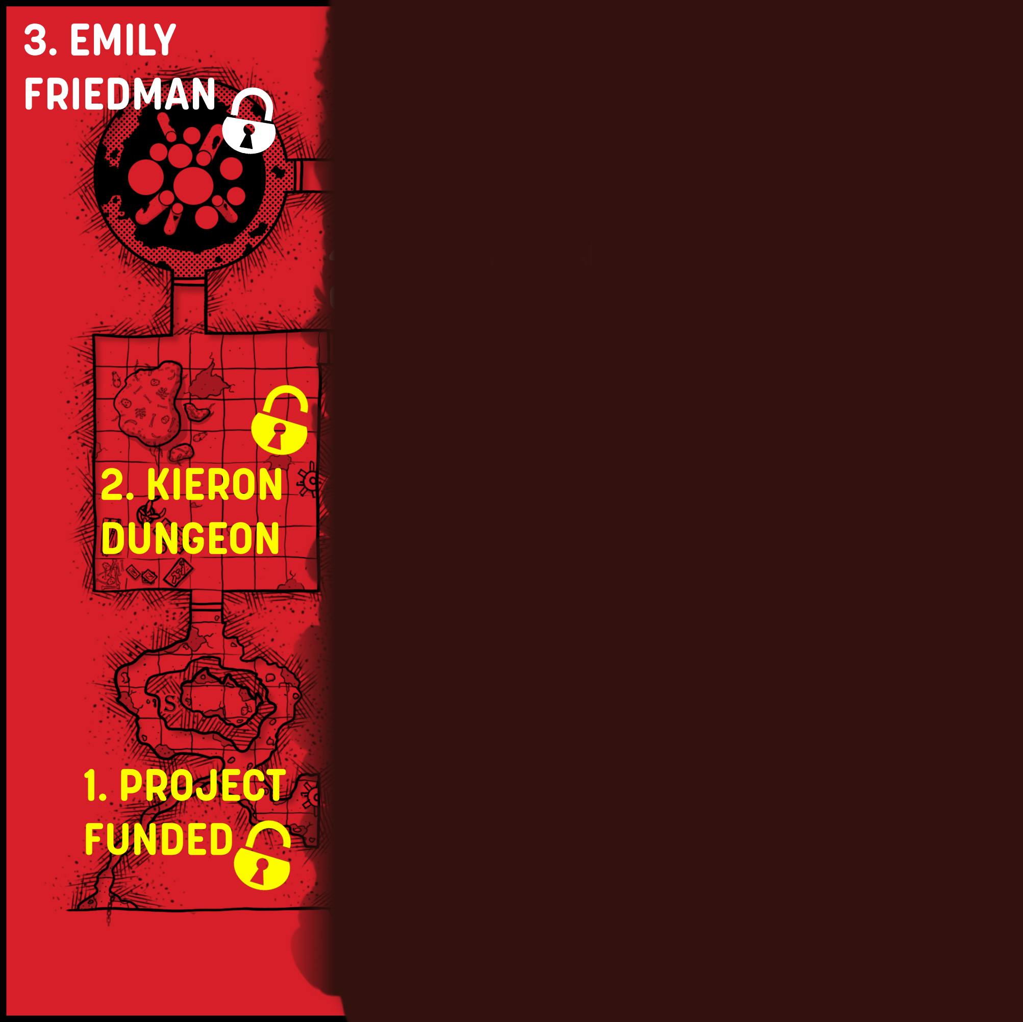 Image showing the DIE Metadungeon stretch goals. Currently that means a field of grey smoke, revealing just the left side: 1. Project funded (unlocked) and 2. Kieron Dungeon (unlocked) 3. Emily Friedman (locked). 