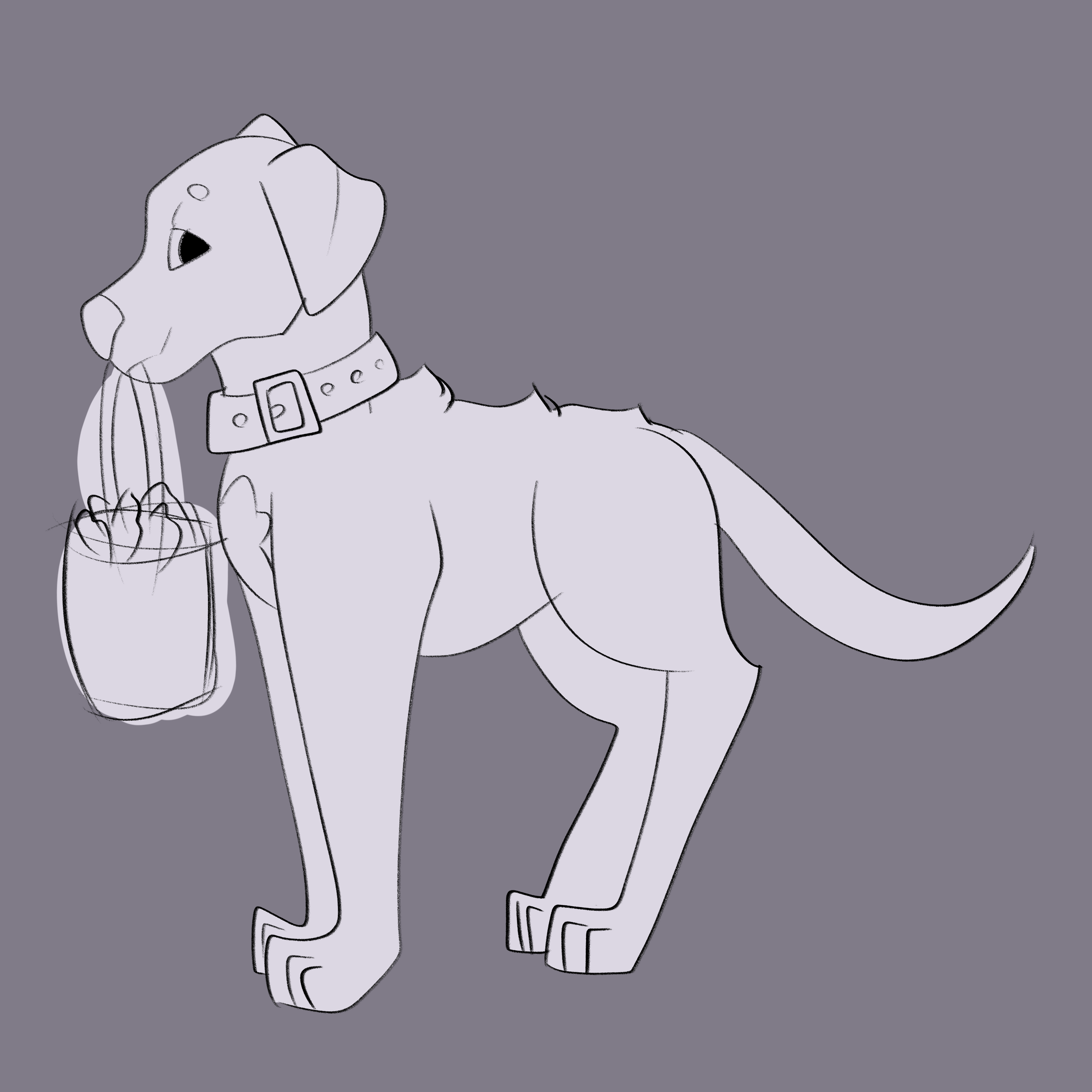 Domestic dog with bucket of food