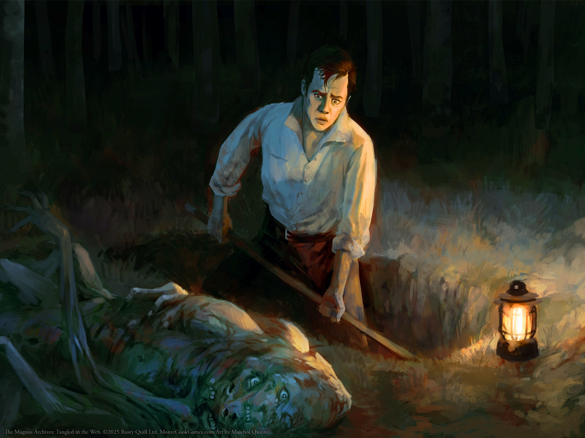 A man digs a grave by lantern light. A body lies in the foreground; it's distorted and has too many eyes.