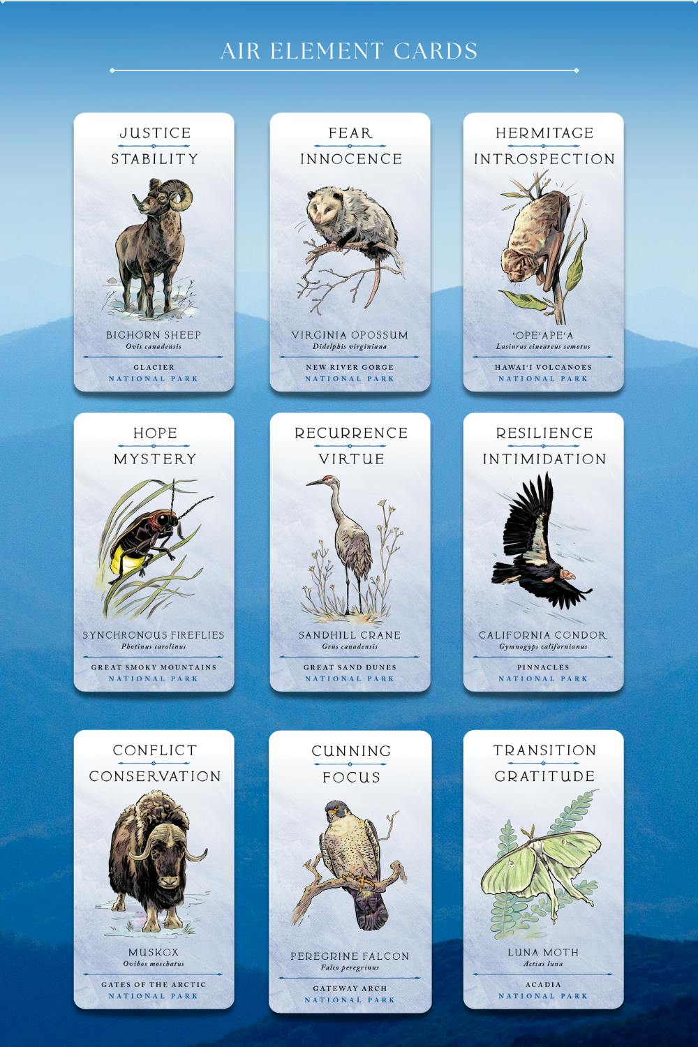air element cards including  bighorn sheep, sandhill crane, california condor, luna moth and others