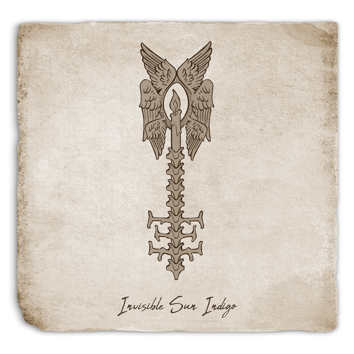 Drawing of key design featuring a candle and wings.