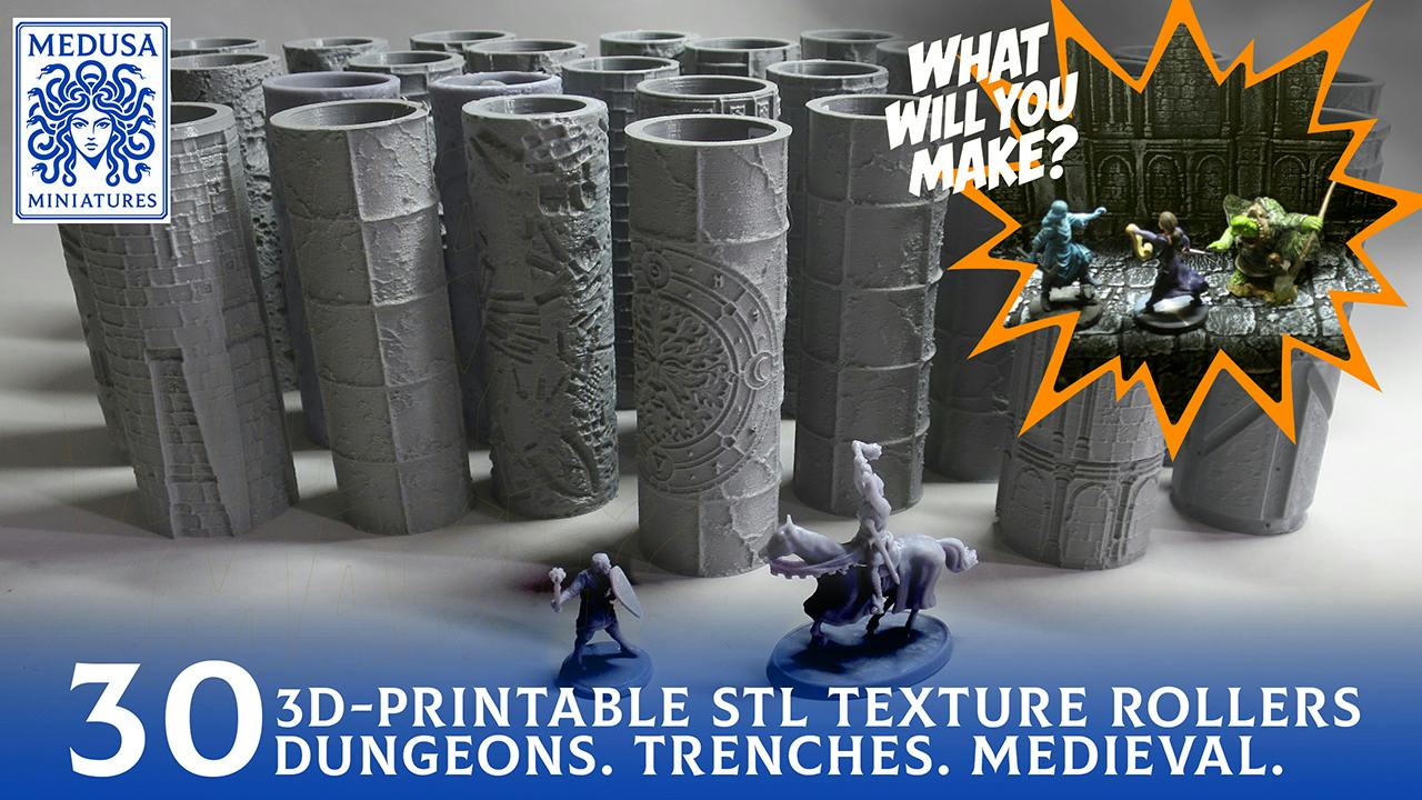 30 3D-Printable STL Texture Rollers, Dungeons & Trench