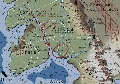 A digitally hand-drawn map of the Karedenian continent, Cateroph. It has in-character notations and scribbles on several parts. Their destination in southern Afredal, on the north side of the Gulf, is circled: Akert City.