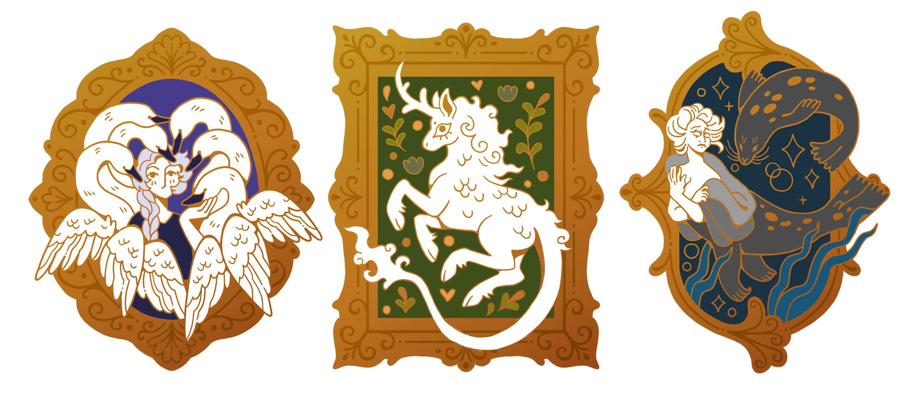 Selkie, Kirin, and Six Swans Pins