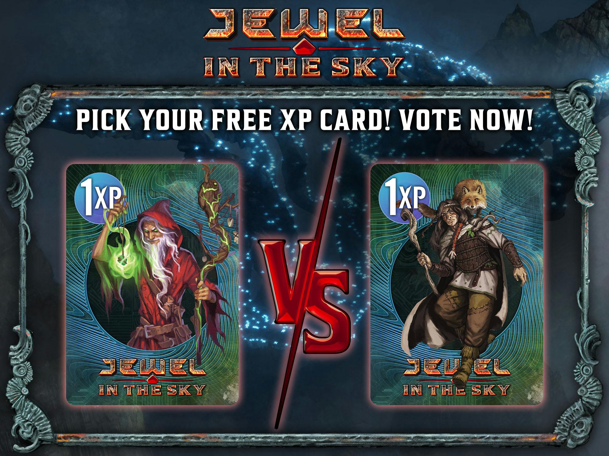 Image showing the Jewel in the Sky logo above two cards, with a "vs." between them and the text "Pick your free XP card! Vote now!" One card shows a fantasy wizard in red robes, holding a glowing staff and strange talisman, the other a fantasy druid with a staff and a fox sitting on their shoulder.