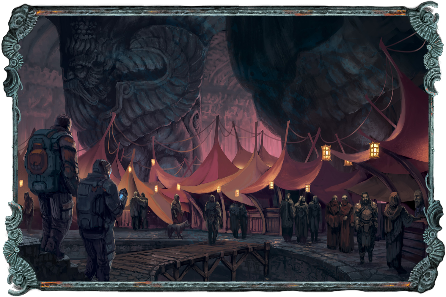 Illustration showing two sci-fi characters entering a large cave space. A group of fantasy characters, standing in front of a bunch of tents, waits to greet them.
