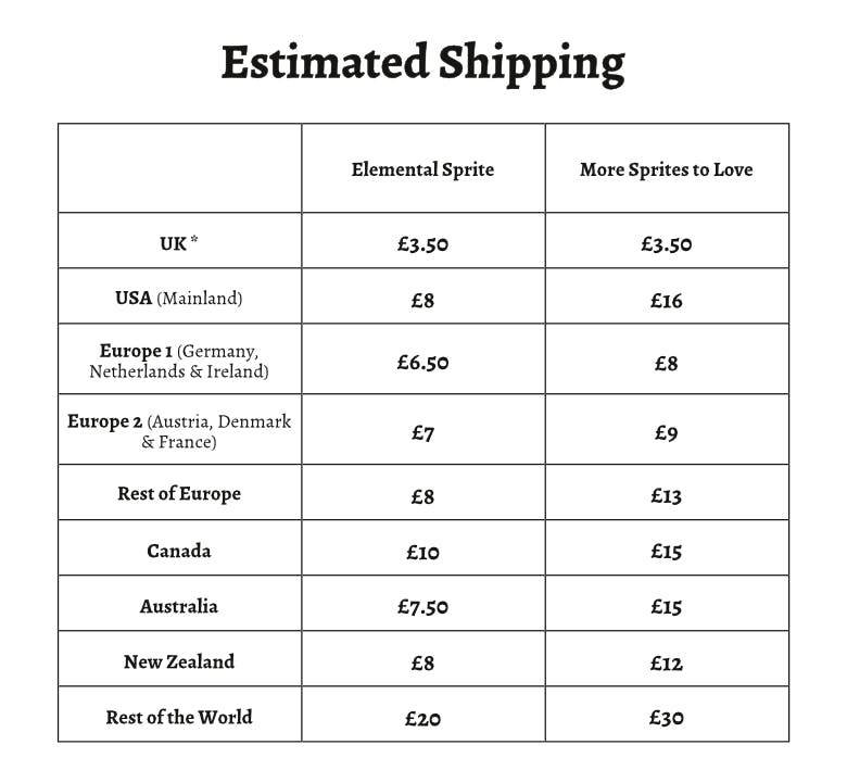  Estimated Shipping UK* Elemental Sprite £3.50, more sprites to love £3.50. USE (mainland) Elemental sprite £8, more sprites to love £16. Europe 1 (Germany, Netherlands & Ireland) Elemental sprite £6.50, more sprites to love £8. Europe 2 (austria, denmark & france) elemental sprite £7, more sprites to love £9. Rest of Europe elemental sprite £8, more sprites to love £13. Canada elemental sprite £10, more sprites to love £15. Australia elemental sprite £7.50, more sprites to love £15. New Zealand elemental sprite £8, more sprites to love £12. Rest of the World, elemental sprite £20, more sprites to love £30