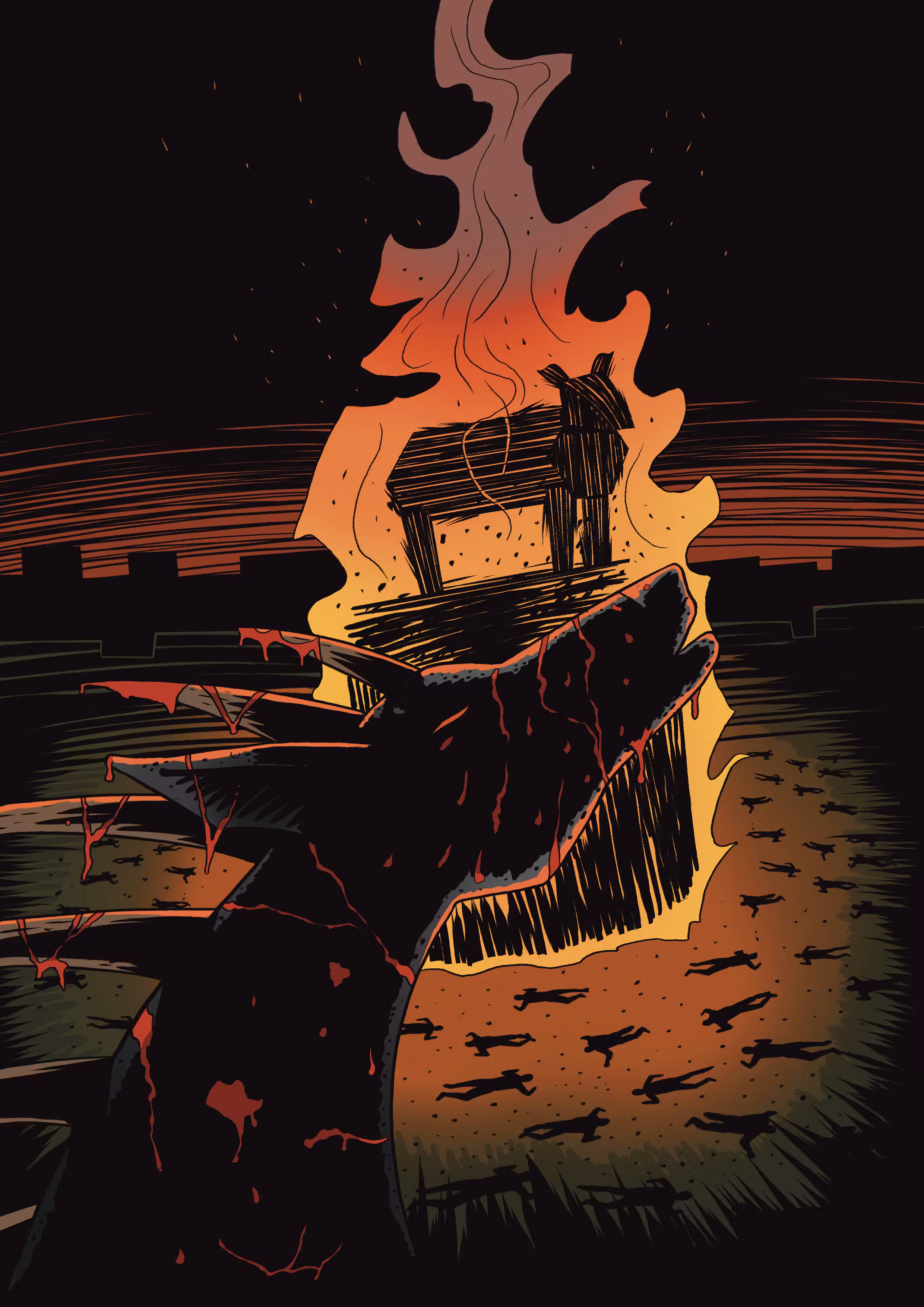 A strange creature - the Chupacabra - stands soaked in blood, howling to the sky, as behind it a wooden pyre in the shape of a lamb burns behind it. Many bodies are strewn about the festival ground before the fire.