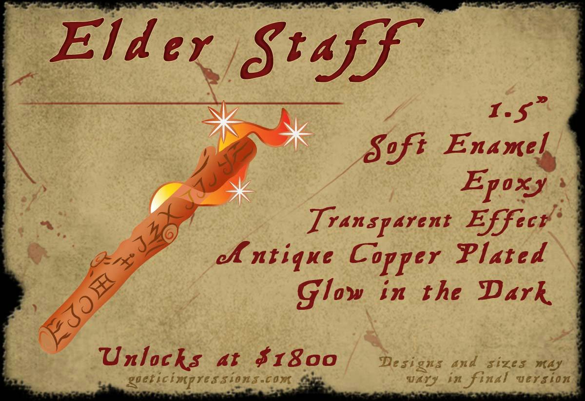 Enamel pin design of a ritual elder staff inspired by the Grimorium Verum