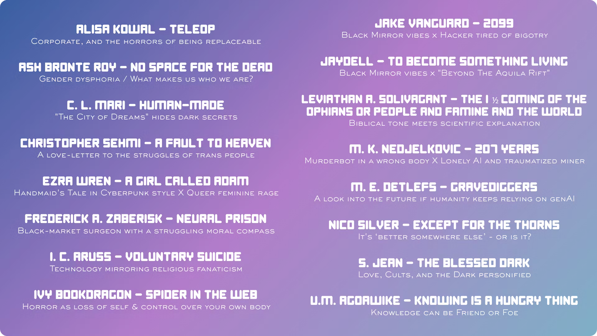 Alisa Kowal - Teleop - Corporate, and the horrors of being replaceable // Ash Bronte Roy - No Space For The Dead - Gender dysphoria / What makes us who we are? // C. L. Mari - Human-Made - "The City of Dreams" hides dark secrets //  Christopher Sehmi - A Fault To Heaven - A love-letter to the struggles of trans people // Ezra Wren - A Girl Called Adam - Handmaid's Tale in Cyberpunk style X Queer feminine rage //  Frederick A. Zaberisk - Neural Prison - Black-market surgeon with a struggling moral compass //  I. C. Aruss - Voluntary Suicide - Technology mirroring religious fanaticism // Ivy Bookdragon - Spider In The Web - Horror as loss of self & control over your own body // Jake Vanguard - 2099 - Black Mirror vibes x Hacker tired of bigotry  // Jaydell - To Become Something Living - Black Mirror vibes x "Beyond The Aquila Rift" // Leviathan A. Solivagant - The 1 ½ Coming of the Ophians or People and Famine and the World - Biblical tone meets scientific explanation // M. K. Nedjelkovic - 207 Years - Murderbot in a wrong body X Lonely AI and traumatized miner // M. E. Detlefs - Gravediggers - A look into the future if humanity keeps relying on genAI // Nico Silver - Except For The Thorns - It's ‘better somewhere else’ - or is it? // S. Jean - The Blessed Dark - Love, Cults, and the Dark personified // U.M. Agoawike - Knowing Is A Hungry Thing - Knowledge can be Friend or Foe