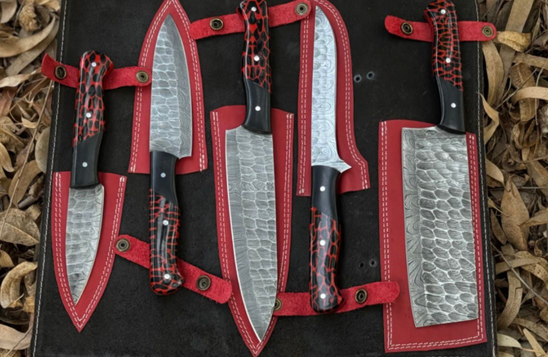 Hand-Forged Damascus Chef Knife Set with Leather Roll.