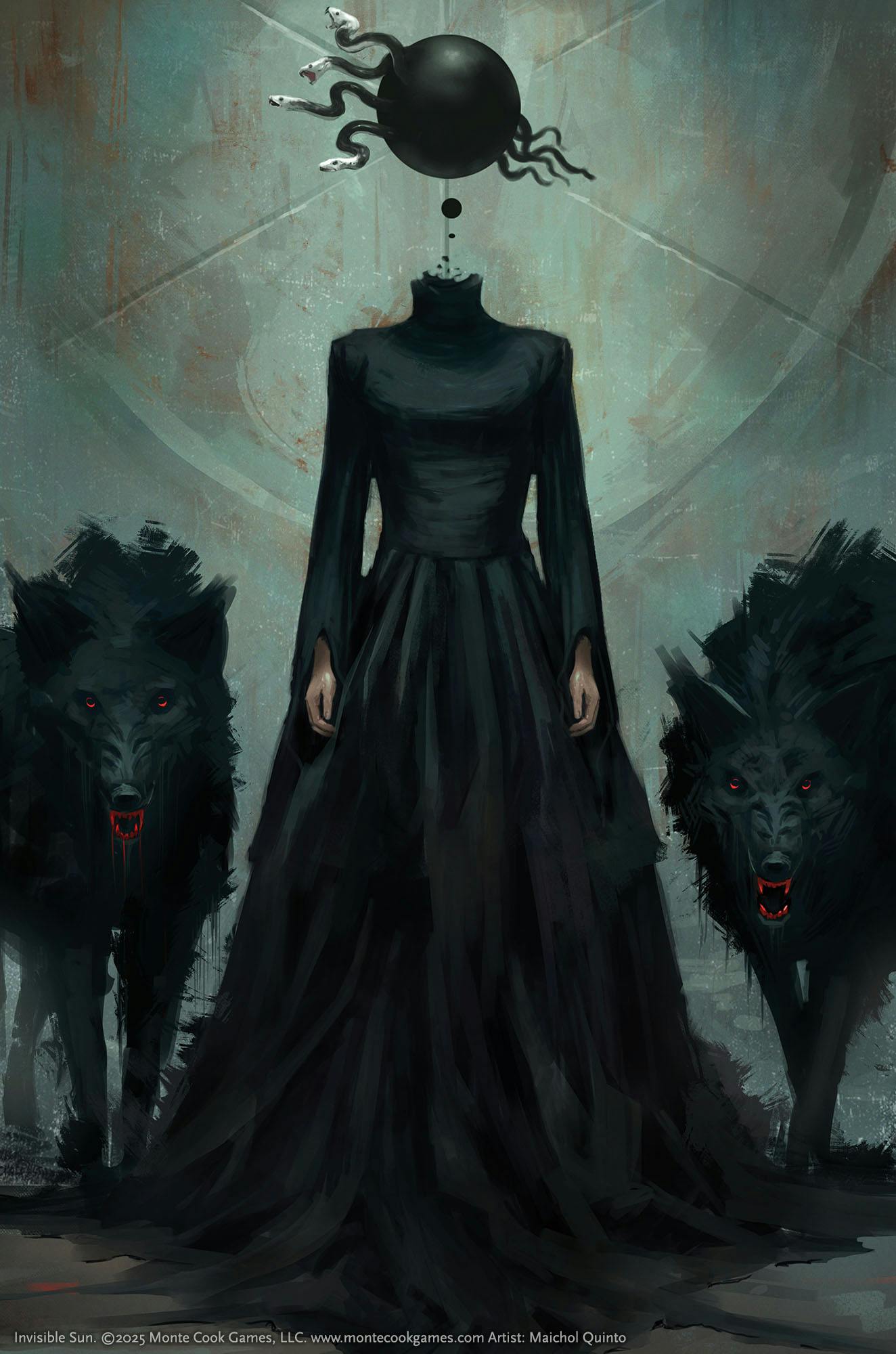 An illustration of a woman with a sphere for her head with snakes coming out if it, flanked by two dark wolves.