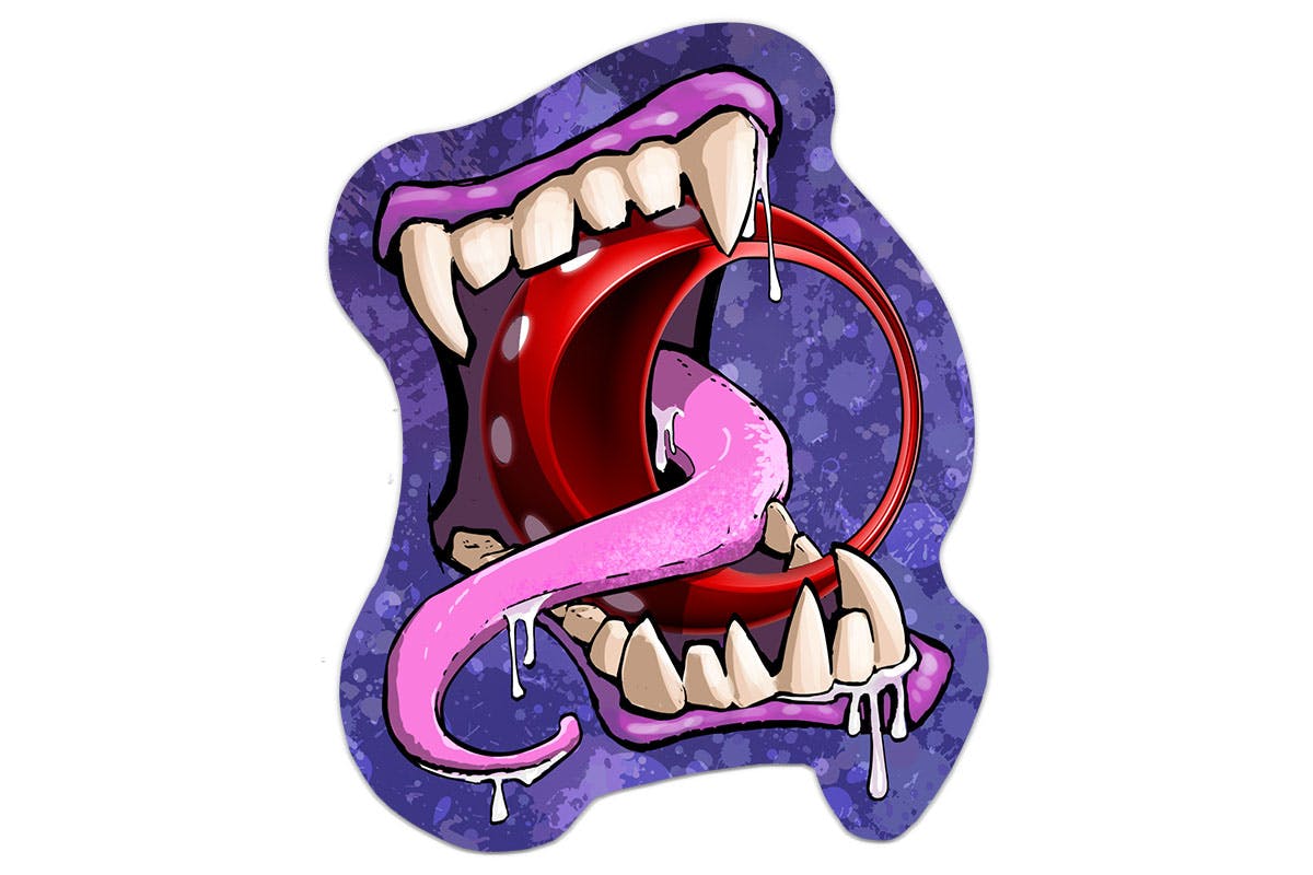 A mockup of a sticker depicting a cartoonish mouth with a monstrous tongue chewing on the Cypher logo bug.