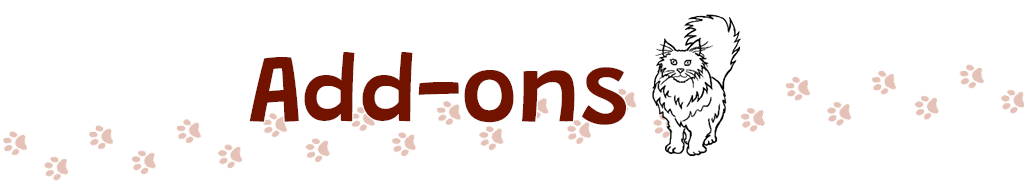 Add-ons. A fluffy cat stands next to the title with its tail upright. A track of cat paw prints stretches across the page.