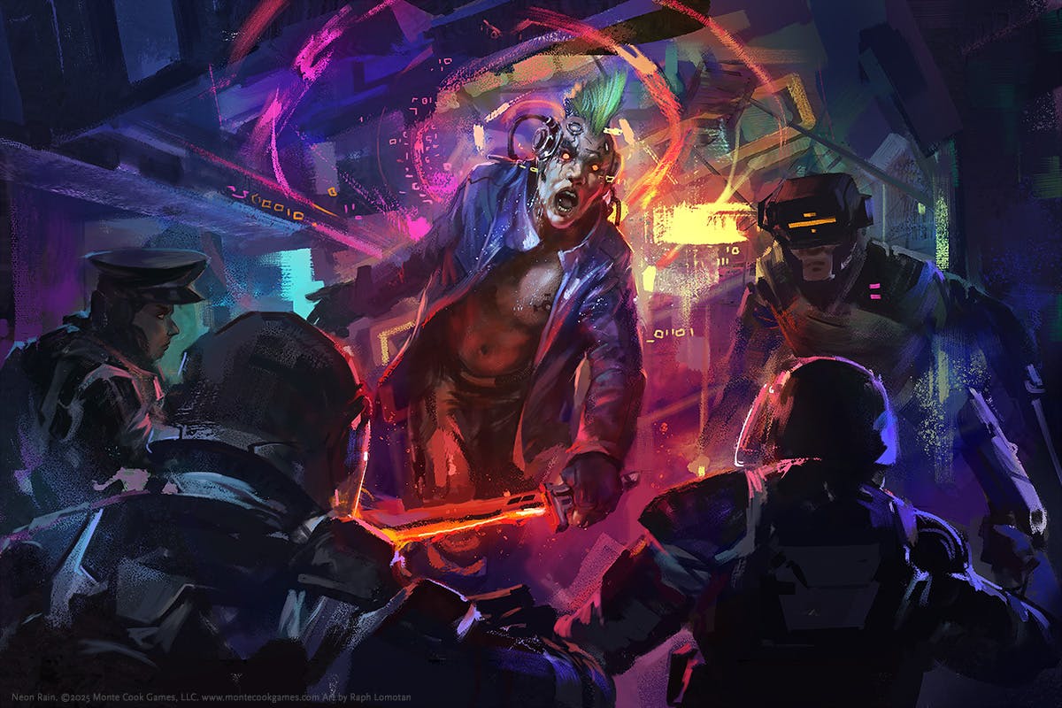  Art from Neon Rain, a Cypher System supplement, by Raph Lomotan  https://www.backerkit.com/c/projects/monte-cook-games/deluxe-ttrpgs-from-monte-cook-games/pledge_levels/26703#top 